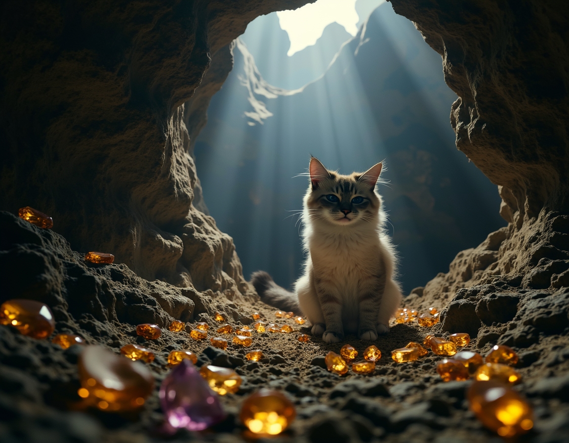 Cat explores a hidden cavern where a dragon slumbers among piles of glittering gems. Subtle beams of light illuminate the cat’s cautious journey through this fantastical realm.